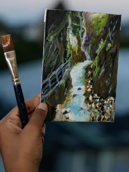 Here is a close-up of my painting inspired by a hike in Partnachklamm, Germany. I used a combination of brushwork and a palette knife to capture the texture of the rocks and the movement of the water flowing through the gorge.