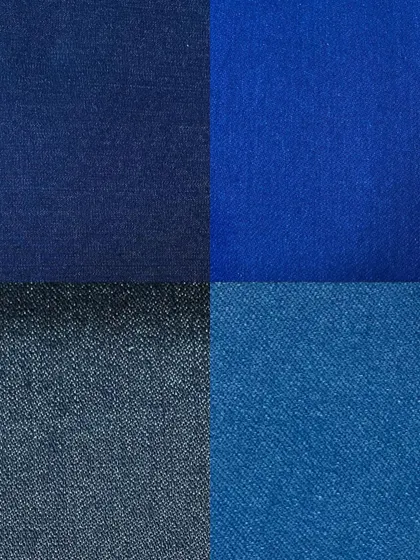 A swatch collection showing four different dark blue denim options. This demonstrates the variety in shade and texture, from deep indigo to royal blue.
