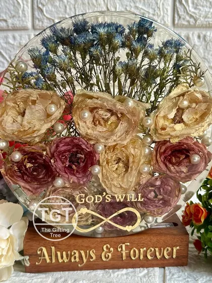 The teakwood stand is engraved with "Always & Forever," adding another layer of personalization to this heartfelt gift for a fiancé.