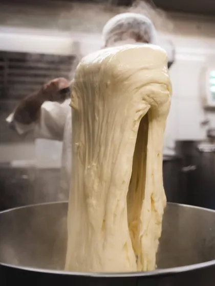 The magic of the stretch. Our cheesemaker lifts the hot curds, working them by hand to develop the long, fibrous strands that give fresh mozzarella its unique, tender structure.