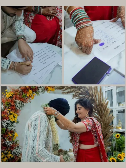 A collage from an intimate registered marriage ceremony. It shows the signing of the documents and the exchange of garlands, celebrating their union in a simple yet beautiful way.