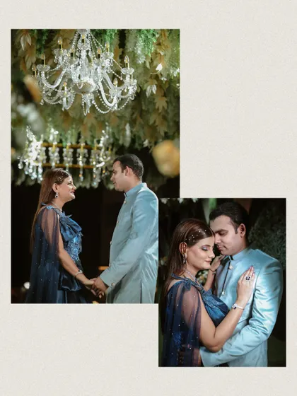 Romantic moments under a crystal chandelier. We use the decor and lighting of your venue to create a variety of moods for your couple portraits.