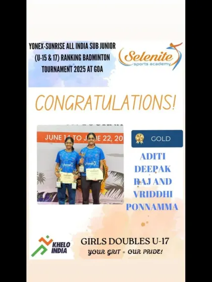 Triple gold at the Goa All India tournament. Aditi & Vriddhi (U-17 Girls Doubles), Pavan & Punith (U-17 Boys Doubles), and Punith & Aditi (U-17 Mixed Doubles) all topped the podium.