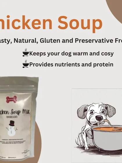 Keep your dog warm and cozy with my natural Chicken Soup Mix. It's gluten and preservative-free, providing essential nutrients and protein. Just mix with water for a comforting and tasty meal.