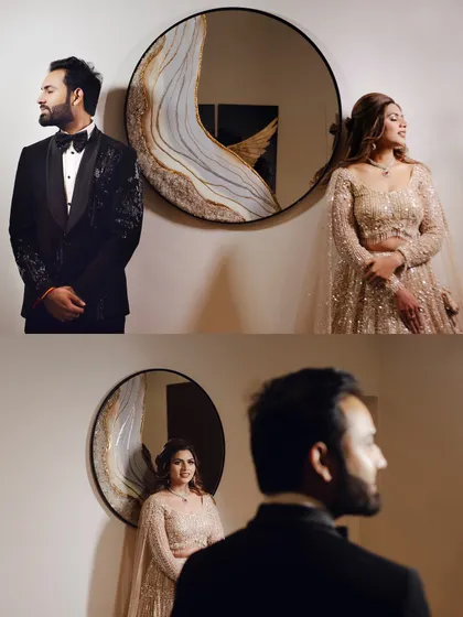 A creative composition using a mirror to capture reflections and different perspectives in a single frame. This adds an artistic and modern touch to the couple's portrait session.