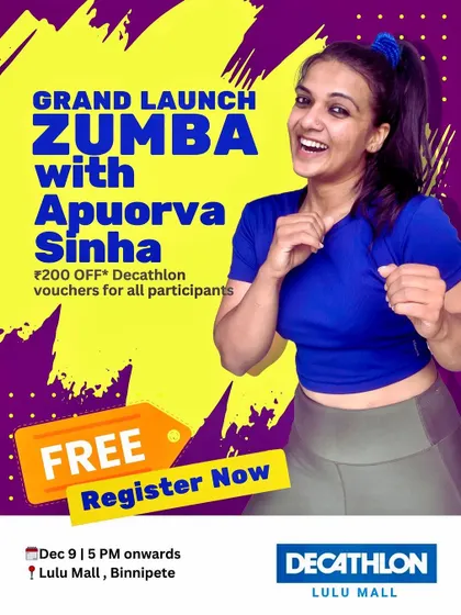 This is the official event poster for a grand launch Zumba session I hosted for Decathlon at Lulu Mall. I am often the face of brand activations, helping to draw crowds and generate excitement.