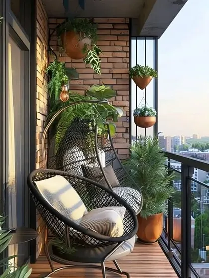 This balcony features a cozy swing chair set against an exposed brick wall. The hanging plants and wooden deck create a warm, rustic, and inviting atmosphere.