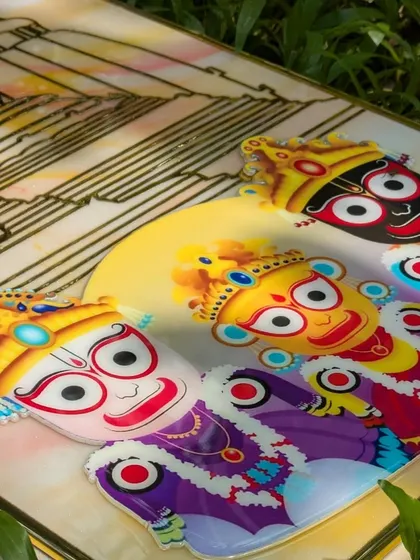Another look at the vibrant Shri Jagannath Puri temple frame, with its colorful deities and golden temple outline.