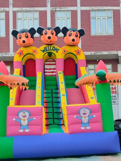 Another angle of the Mickey and Doraemon 3-lane slide, showing the sturdy construction and vibrant colors.