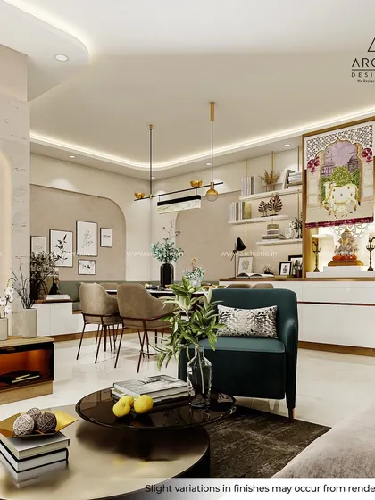 This integrated living and dining space features a dedicated pooja unit, showcasing how spiritual and modern elements can coexist beautifully. The design is clean, serene, and functional.