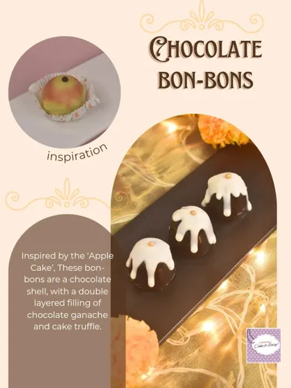 These Chocolate Bon-Bons are my take on the bakery 'Apple Cake'. It's a chocolate shell with a double-layered filling of chocolate ganache and cake truffle.