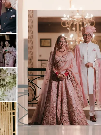 A collage featuring a full-length portrait of the couple, along with detail shots of family and decor.