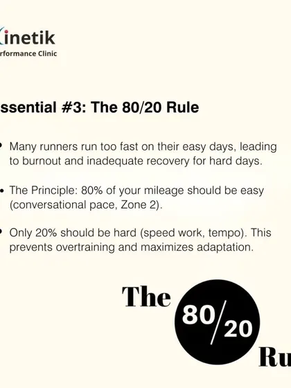 Essential number three is the 80/20 Rule. To maximize adaptation and prevent burnout, 80% of your weekly mileage should be at an easy, conversational pace, with only 20% dedicated to hard efforts like speed work.