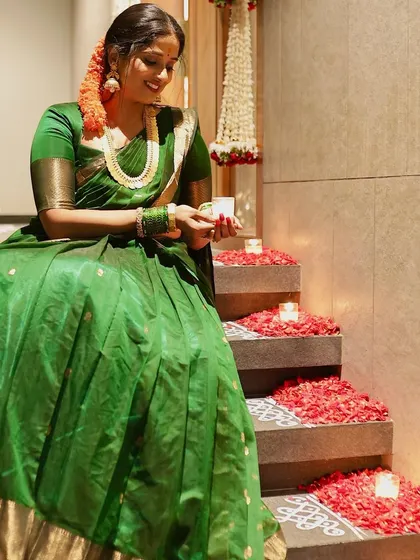 Our client Raksha from Bangalore, looking breathtaking in our most viral green Kanchipuram lehenga for her special event.