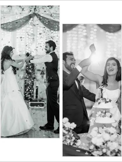 A black and white diptych of celebratory moments, from dancing to cake cutting. The monochrome edit gives these joyful candids a timeless feel.