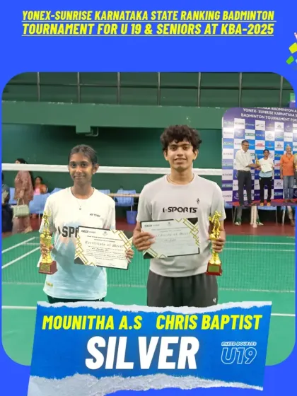A victorious moment for Mounitha A.S and Chris Baptist, who secured the Silver medal in U19 Mixed Doubles at the state ranking tournament at KBA.