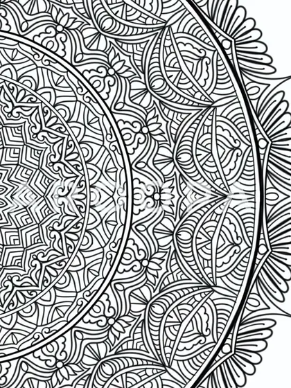 A corner detail of the black and white mandala, focusing on the delicate, petal-like edges and flowing lines.