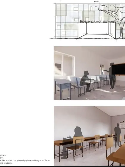 Further design explorations for the Holy Saint High School, showing concepts for the facade and classroom interiors. The aim was to create tactile, engaging spaces that support learning through play.