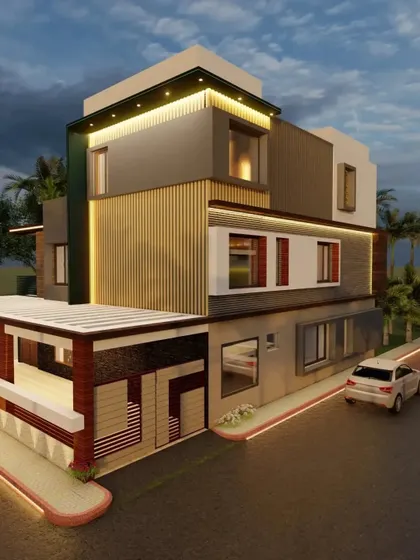 A variation of the corner bungalow design, featuring a different combination of brick-style cladding and a slatted carport roof.
