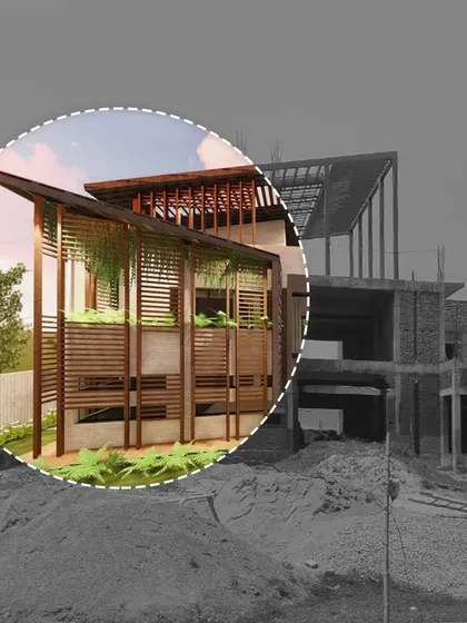 A comparison of a 3D render and an on-site construction photo for our Sitarganj Residence. This shows how we translate our digital models into physical structures, ensuring the design intent is carried through.