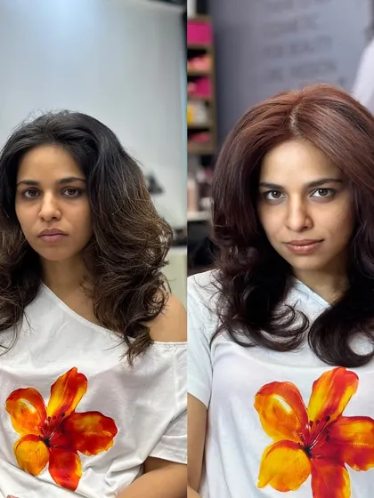 We took her hair from a simple dark brown to a lively reddish-chocolate shade, complete with layers that add volume and movement.
