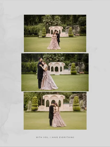 A stylish photo collage of the couple in a beautiful garden setting, perfect for a pre-wedding album or social media announcement.