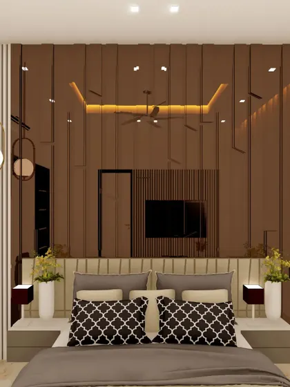 This 3D bedroom concept showcases a luxurious headboard wall with reflective bronze panels and vertical fluting. The integrated bedside lighting and hanging pendants add layers of ambient light for a cozy, high-end feel.