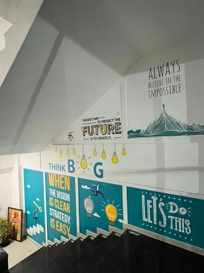 I utilize every surface to reinforce a brand's message, including stairwells. This installation uses a series of motivational graphics to create an engaging and inspiring journey between floors, promoting a positive and forward-thinking company culture.