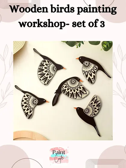 These wooden birds are from our painting workshop, where participants can create a set of three decorative pieces. It's a fun and simple project for all skill levels.
