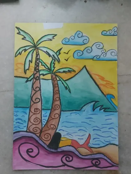 A piece of my own artwork, a serene beachscape. I believe in practicing what I preach, and my personal passion for art fuels the creative energy in our studio.