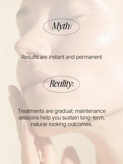Myth: Results are instant and permanent. Reality: Aesthetic treatments deliver gradual, natural-looking outcomes. Consistency and maintenance sessions are key to sustaining long-term results.