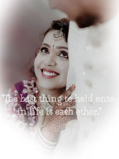 A beautiful shot of the bride looking up at her groom with adoration. The soft focus and romantic quote make this a truly special engagement memory.