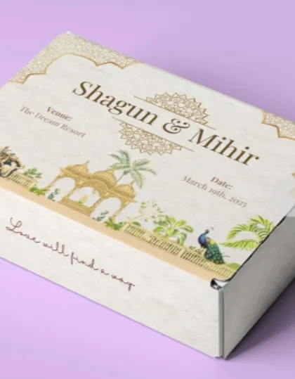 This is a full view of the custom-designed 'Shagun & Mihir' sagan box. The design wraps around the entire box, creating a beautiful, seamless look that feels luxurious and special. It’s a keepsake in itself.