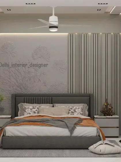 A 3D render of a serene bedroom. The design uses a custom wallpaper with a subtle pattern, a curved backlit headboard, and fluted paneling to create a calm and textured space.