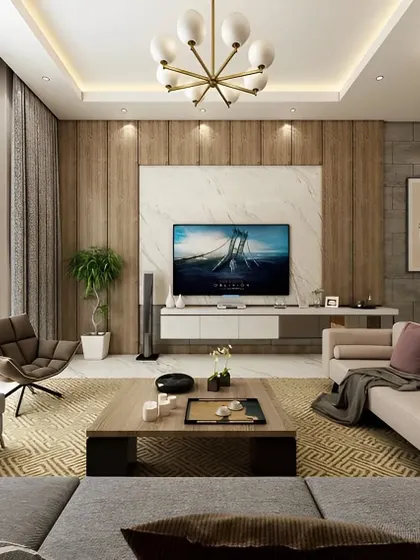 This living room TV unit combines a marble backsplash with wood-paneled walls. The floating console keeps the floor clear, and the modern chandelier adds a statement piece to the room.