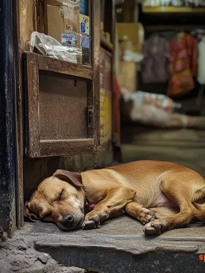 A poignant image of a stray dog sleeping on a doorstep in Delhi. This photo accompanies our story about the impact of urban pollution on the city's forgotten animal souls.