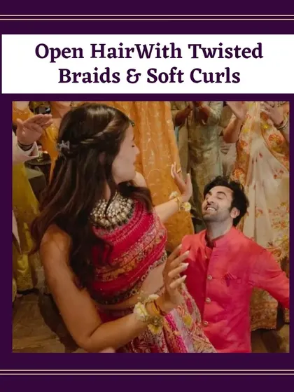 For her hairstyle, she chose open hair with twisted braids and soft curls. This is a relaxed yet beautiful hairstyle idea for a mehendi or sangeet function.