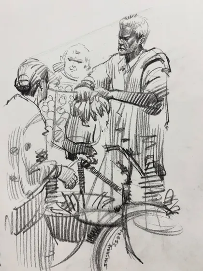A sketch of a banana seller, focusing on the interaction between the figure and the items he is selling.