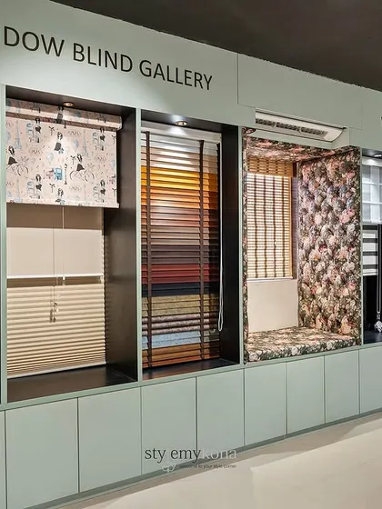 Another angle of the Window Blind Gallery, showing the variety of products on display. The clean, organized presentation makes it simple for customers to visualize how these treatments would look in their own homes.