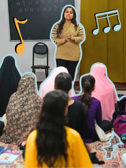 A different angle of the vocal class, showing the students' engagement from the instructor's perspective. The supportive group setting is evident.