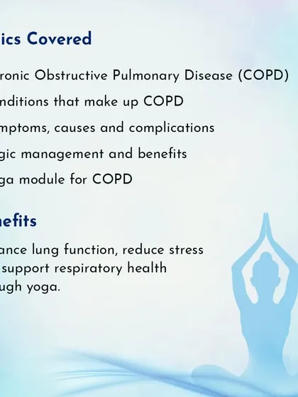 A look at the topics covered in our Yoga for Pulmonology Disorders workshop. We discuss conditions like COPD and provide a specific yoga module to help enhance lung function and reduce stress.