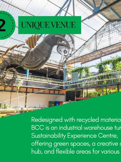 A bright, daytime shot of our main event space, highlighting the iconic scrap-metal seahorse sculpture hanging from the ceiling. This view showcases our unique industrial warehouse-turned-jungle aesthetic.