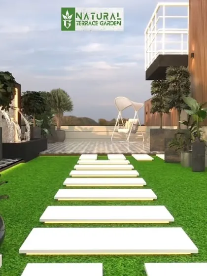 A perspective view down a proposed terrace pathway. This render shows how the path connects different zones, from a sculpture display to a seating area and a distant swing.