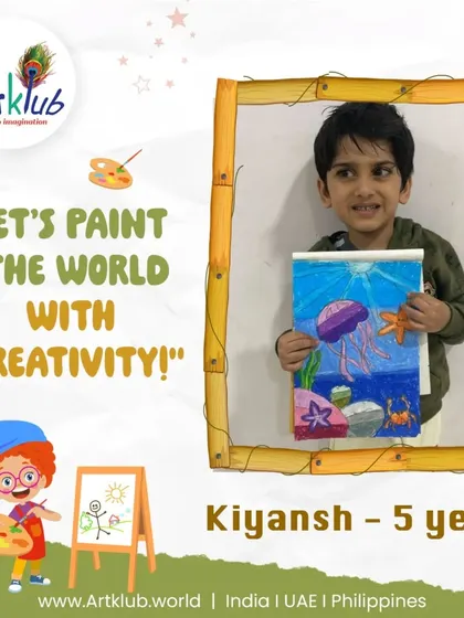 Kiyansh, age 5, paints the world with creativity in this vibrant underwater scene featuring a jellyfish and starfish.