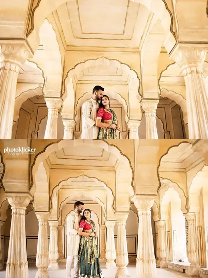 A diptych collage showing two similar poses of a couple in a grand hall, demonstrating our attention to detail and composition.