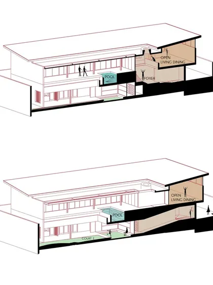 These sectional illustrations show the farmhouse's split-level design, with an open living and dining area connected to a pool deck on the upper floor.