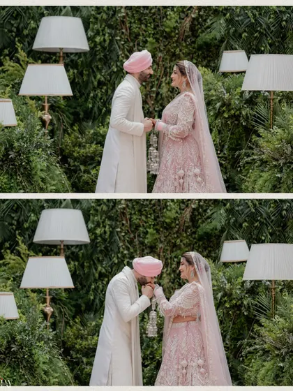 A diptych capturing a tender moment as the groom kisses the bride's hand during their Sikh wedding portraits.
