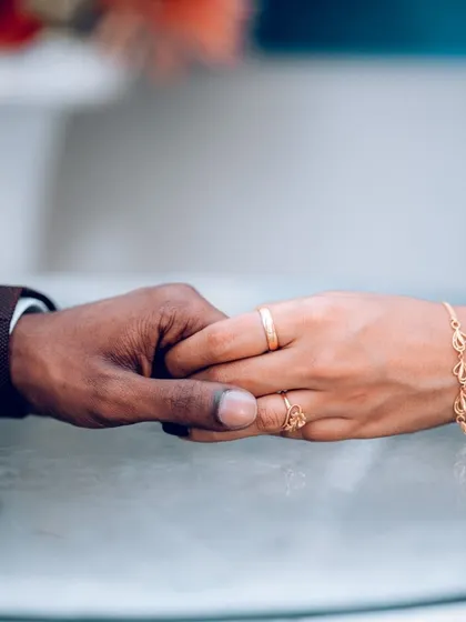 A simple, beautiful shot of a couple holding hands, symbolizing their new union.