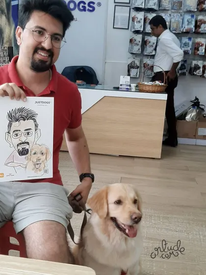 Yes, I draw pets too! Capturing the special bond between owners and their furry friends is always a joy. This portrait was done at a live event for JUSTDOGS in Bangalore.