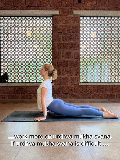 To progress in backbends, work more on Urdhva Mukha Svanasana (Upward-Facing Dog). If this is difficult, return to Bhujangasana. Progression is about building a solid foundation.